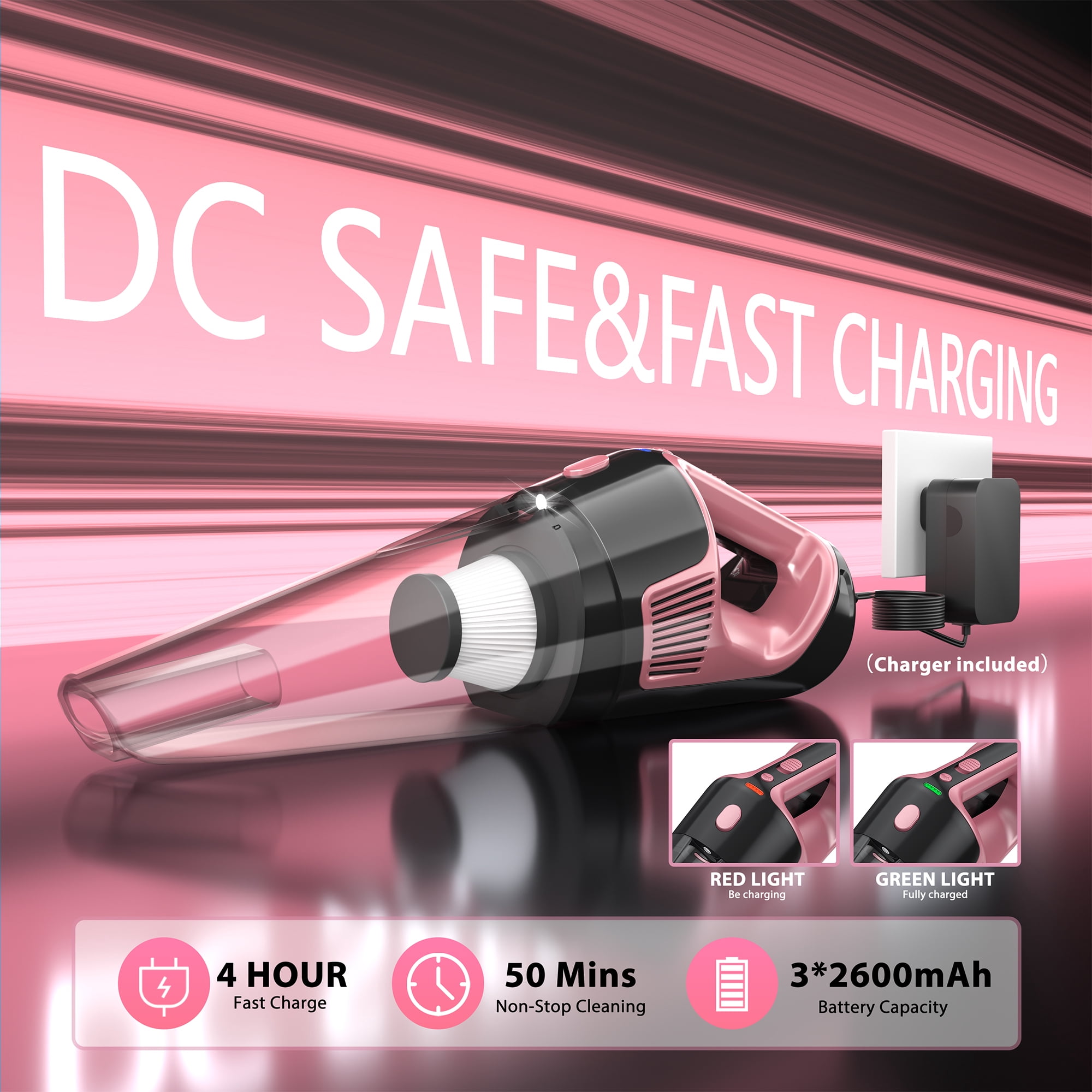 NEXPOW Cordless Handheld Vacuum Pink, 10000Pa Car Vacuum Cleaner, 50Min Runtime 7800mAh, LED Light & Charger, Lightweight 1.9lb for Home Car Pet Hair