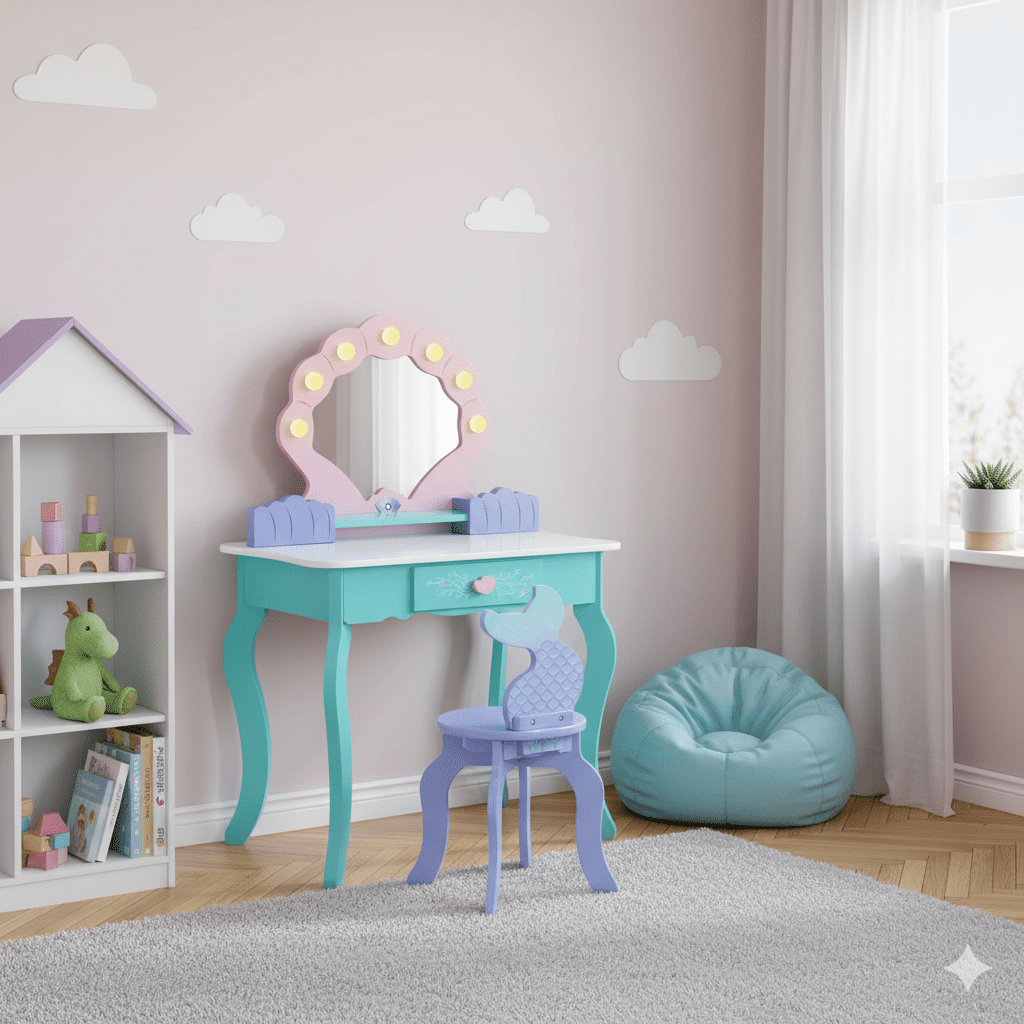BRINJOY Kids Vanity with Lights, Wooden Princess Vanity for Girls, 2 in 1 Ocean Theme Toddler Dressing Table and Chair Set, Little Girl Makeup Vanity with Mirror for Children Birthday Christmas Gift