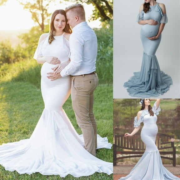 Jacenvly New Pregnant Women Dress Elegant Maternity Off Shoulder O Neck Photography Gown Mermaid Chiffon Baby Shower Dress Dresses for Women Blue Xl Summer Dresses for Women