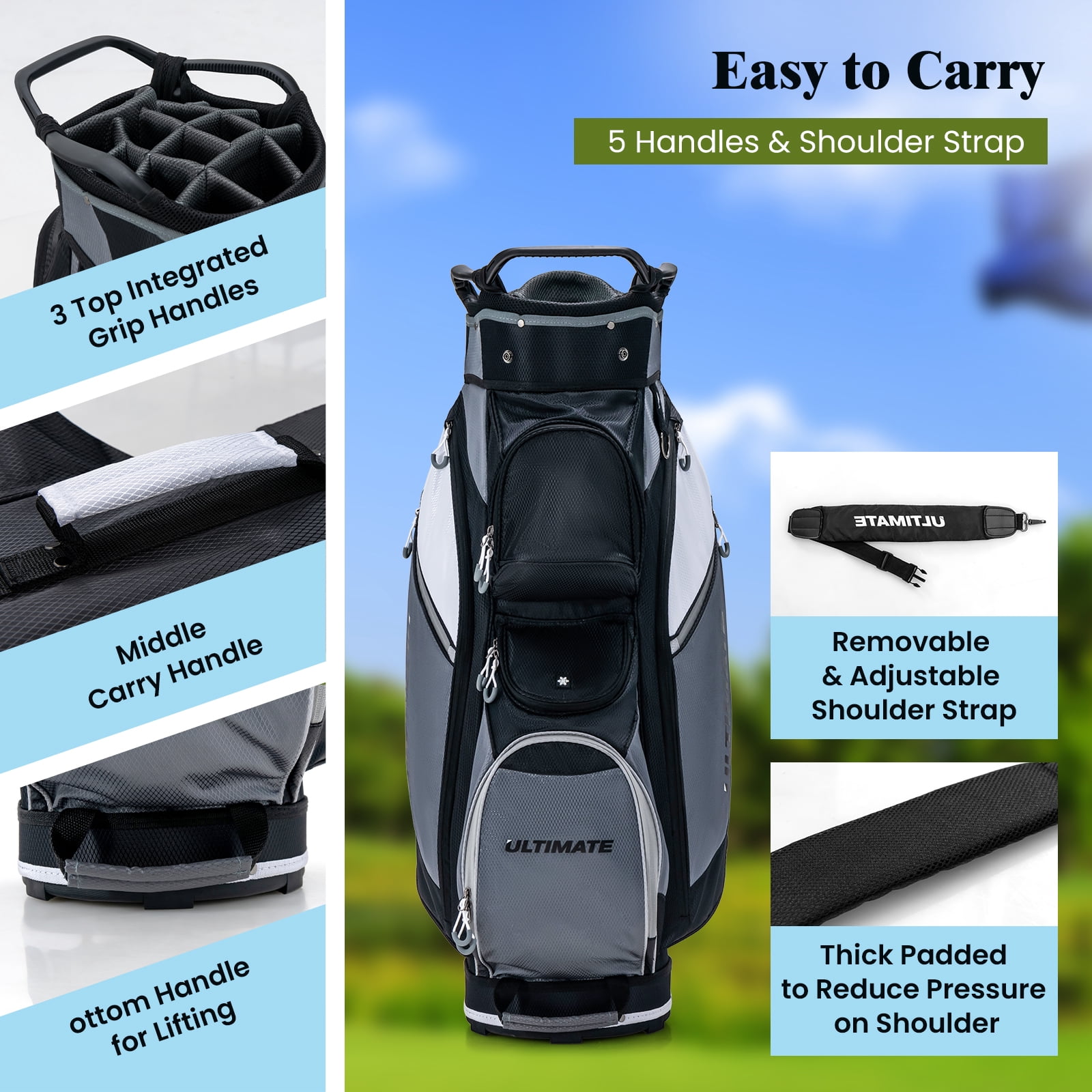 Topbuy Golf Cart Bag 14 Dividers Top Clubs Organizer with 7 Pockets Including Cooler Bag Rain Hood/Dust Cover