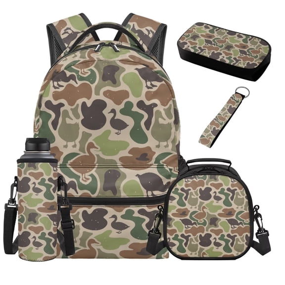 Binienty Green Duck Hunting Camo Backpack With Lunch Bag Set Boys 17 Inch School Bag With Lunchbox Pencil Bag Water Bottle Sleeve Keychain 5 Piece Kids Day Pack