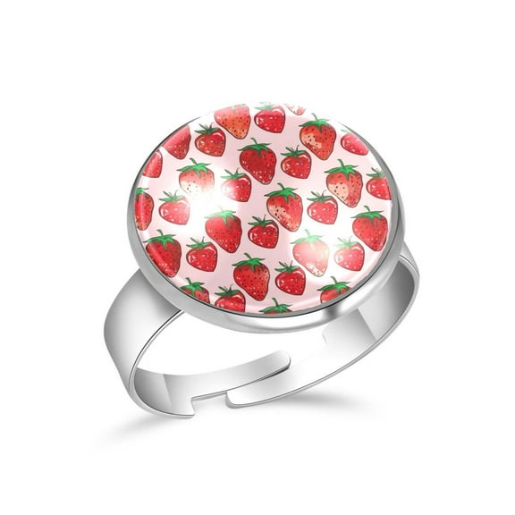 PhooArto Pink Strawberries Pattern Stainless Steel Rings for Women, Open Adjustable Ring Promise Ring Jewelry Gifts