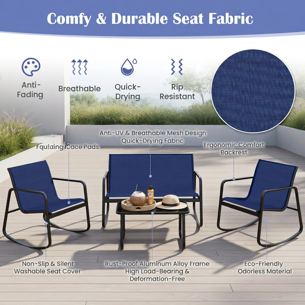 Hommoo 4-Piece Outdoor Rocking Patio Set with Tempered Glass Coffee Table, Metal Frame, Weather-Resistant Fabric, Adjustable Feet & Non-Slip Stability, Brown