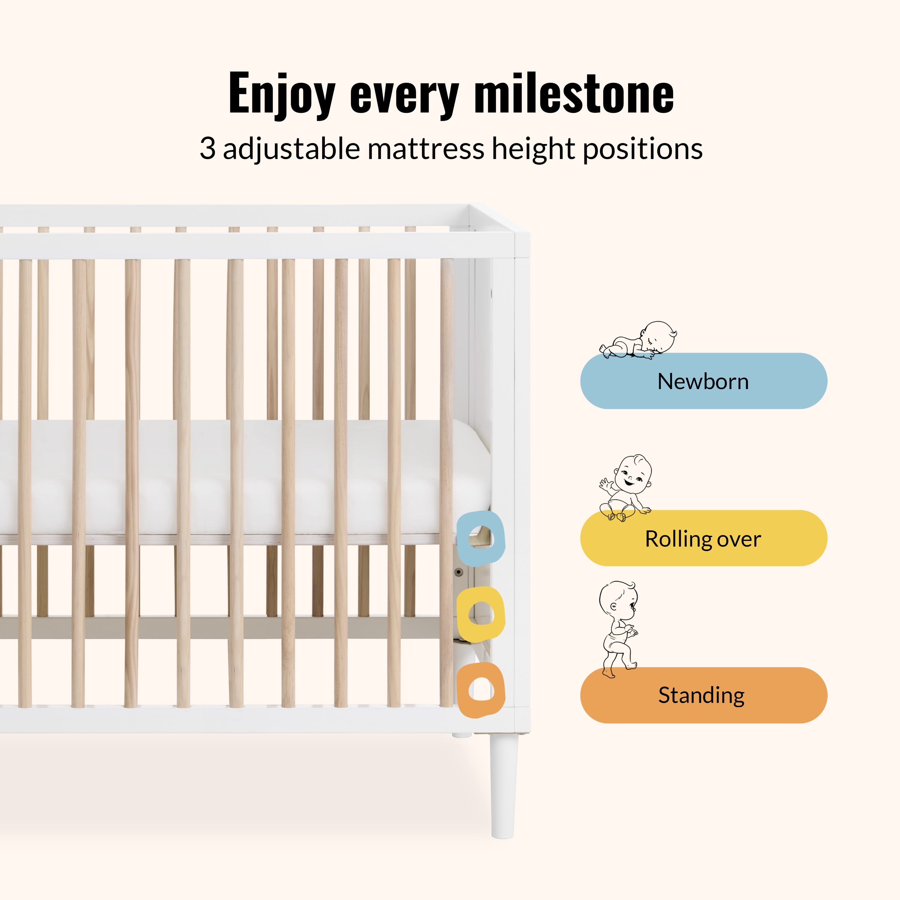 Dream On Me Lucas Mini Modern Crib With Rounded Spindles I Convertible Crib I Mid- Century Meets Modern I Portable Crib, White Vintage Oak
