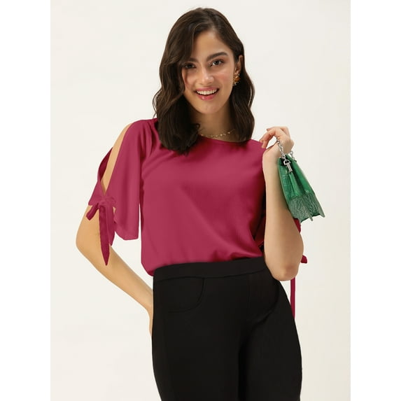 DressBerry Women's Rayon Slub Round Neck Top Casual Summer Knot Cuff Split Sleeves Solid Cold Shoulders Western Style High Waist Light Weighted Blouse