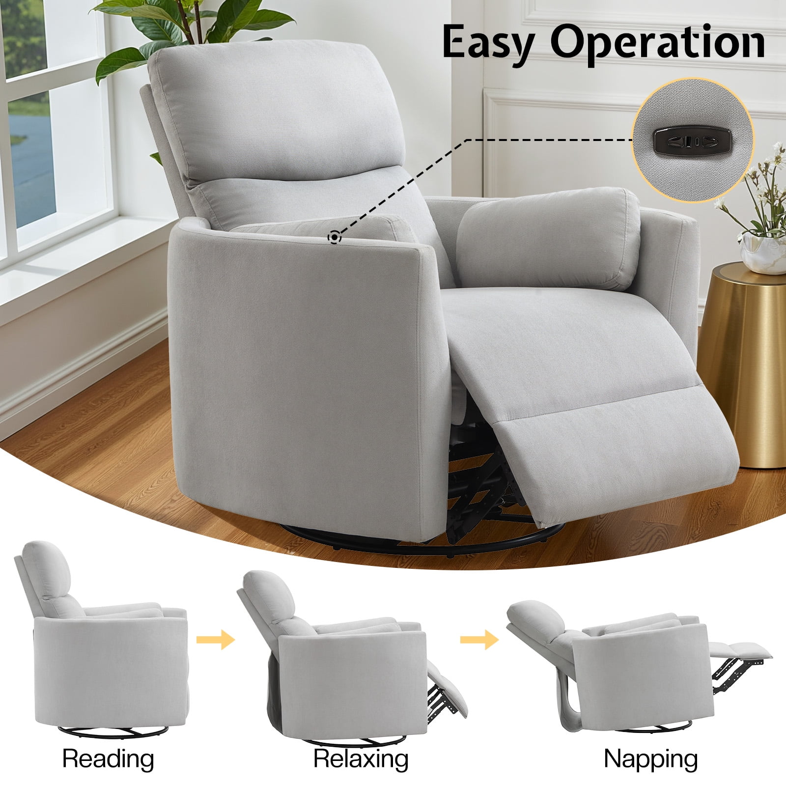 Merluxy Power Swivel Recliner Chair with USB Charging & 2 Pillows, Glider Rocker for Nursery and Living Room, Grey Fabric