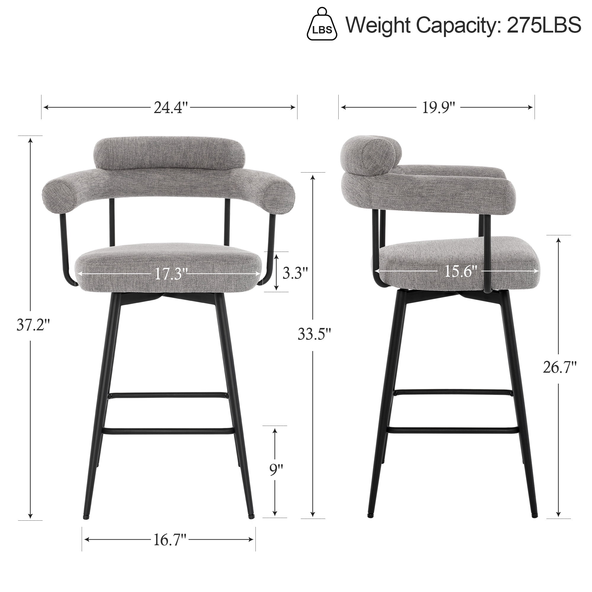 Zesthouse 26.7" Swivel Counter Stools Set of 2, Linen Upholstered Bar Stools with Back and Metal Legs, Modern Counter Height Chairs for Kitchen Island, Gray