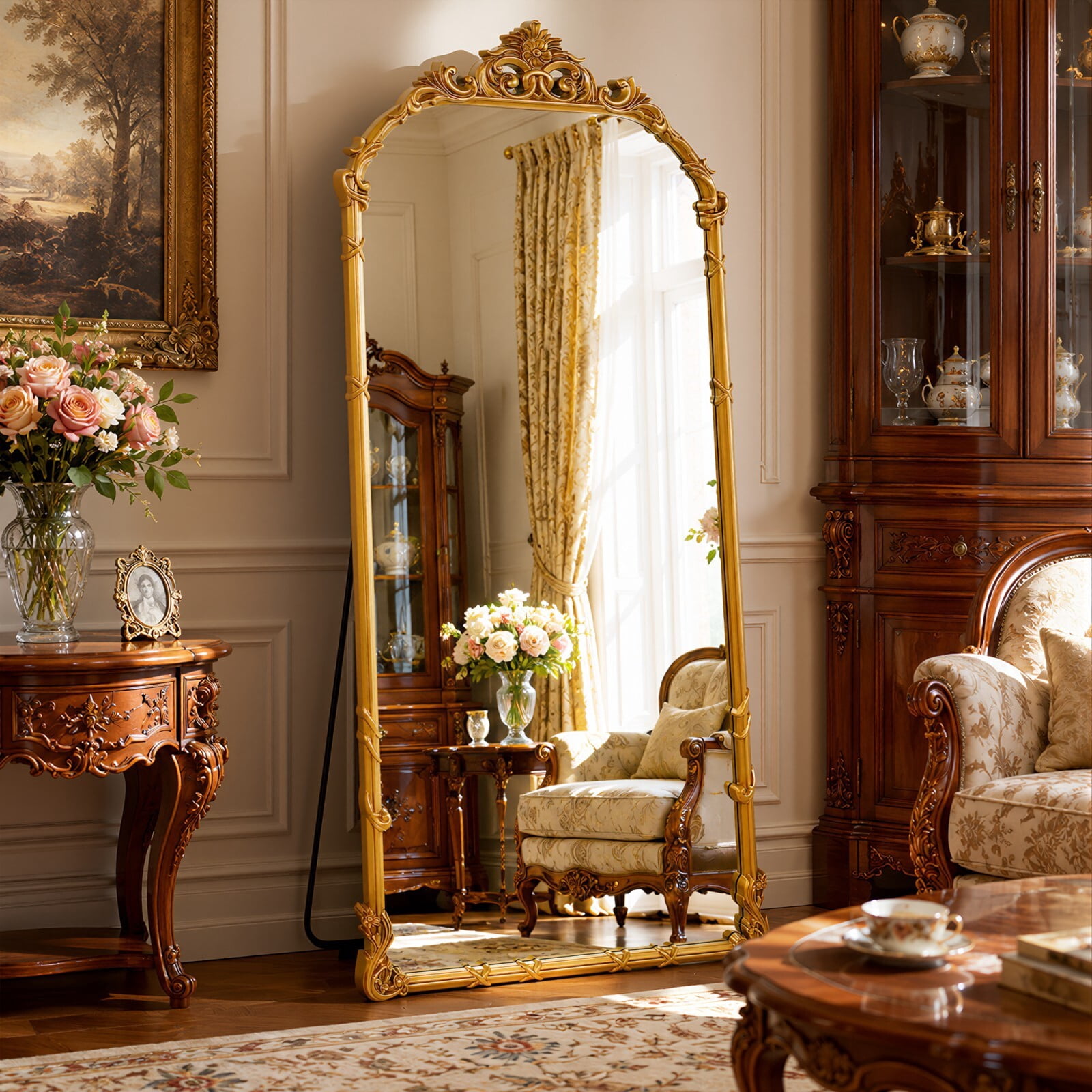 Easy4Home 71"x32" Arched Full-Length Floor Mirror Baroque Scroll Carved Standing Mirror, Bright Gold