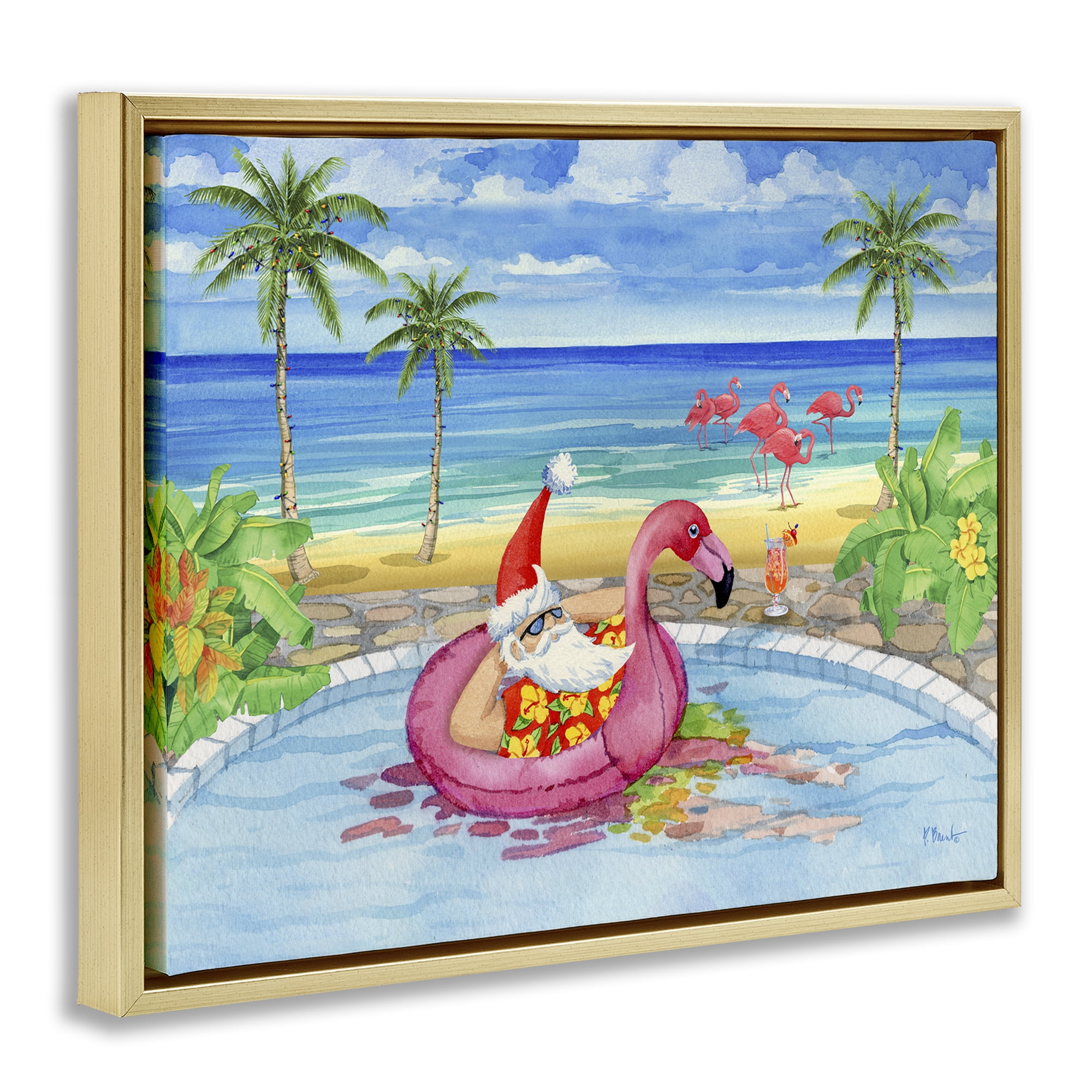 Stupell Industries Santa with Pool Float Holiday Painting Gold Floater Framed Canvas Art Prints Wall Art, 31 x 25