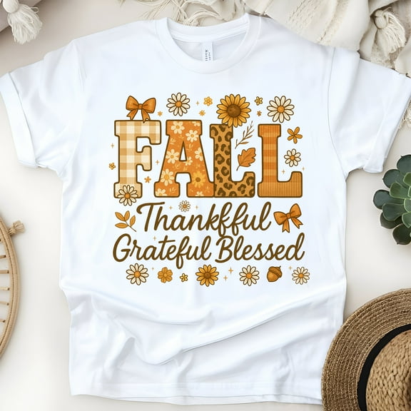 Fall Thankful Grateful Blessed Graphic Tee, Autumn Retro T-Shirt for Women, White, Size S