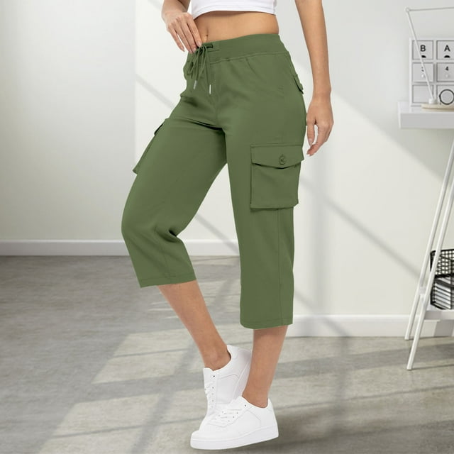 Lroveb Pantalon Capri pour Femmes avec Cordon de Serrage Pantalon d'Été d'Entraînement Couleur Unie Pantalon de Randonnée Décontracté Extérieur /4 Cargo Léger Extensible Vert Armée