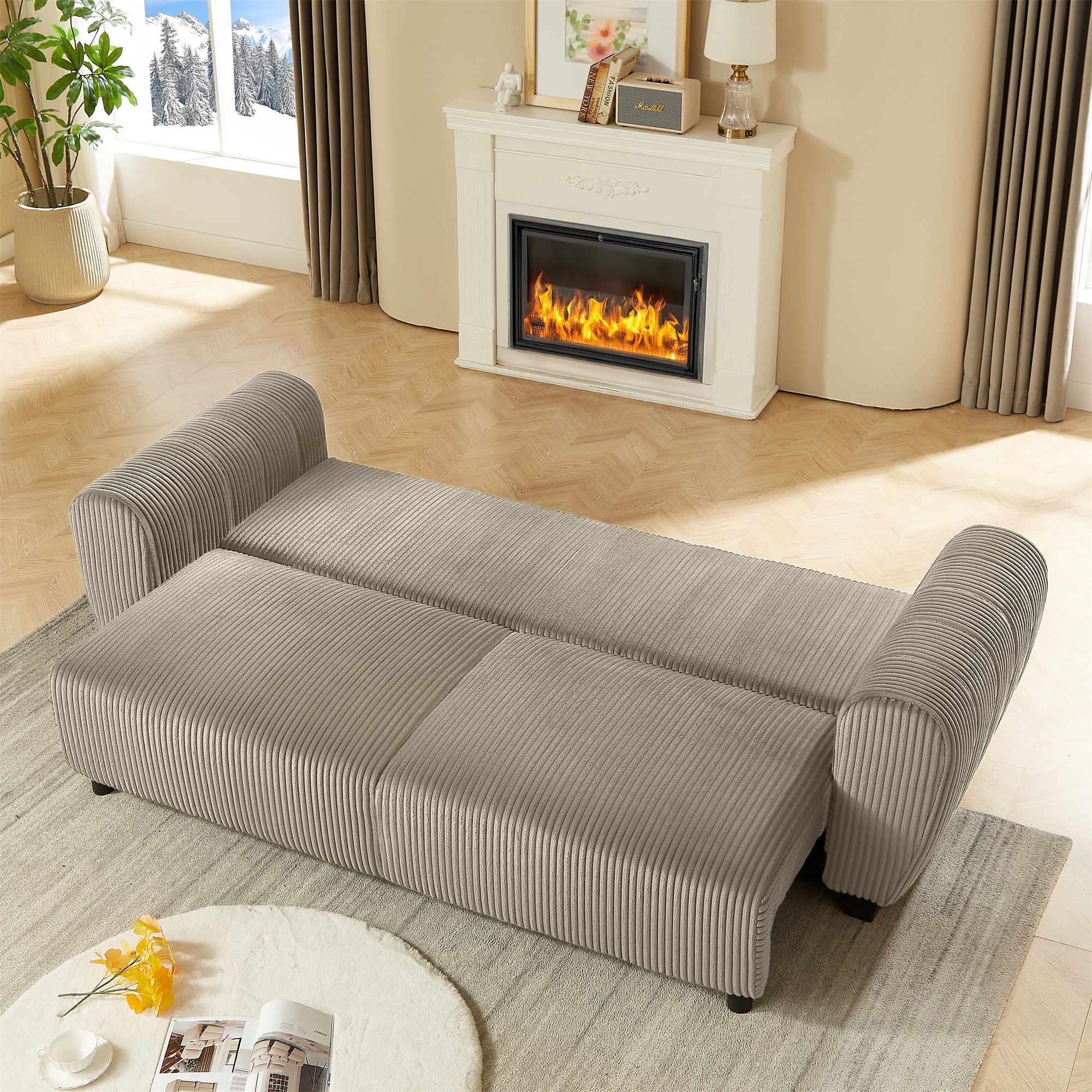 Aukfa 92" Oversized Storage Futon Convertible Sleeper Sofa, Corduroy, 2 Pillows, Light Brown