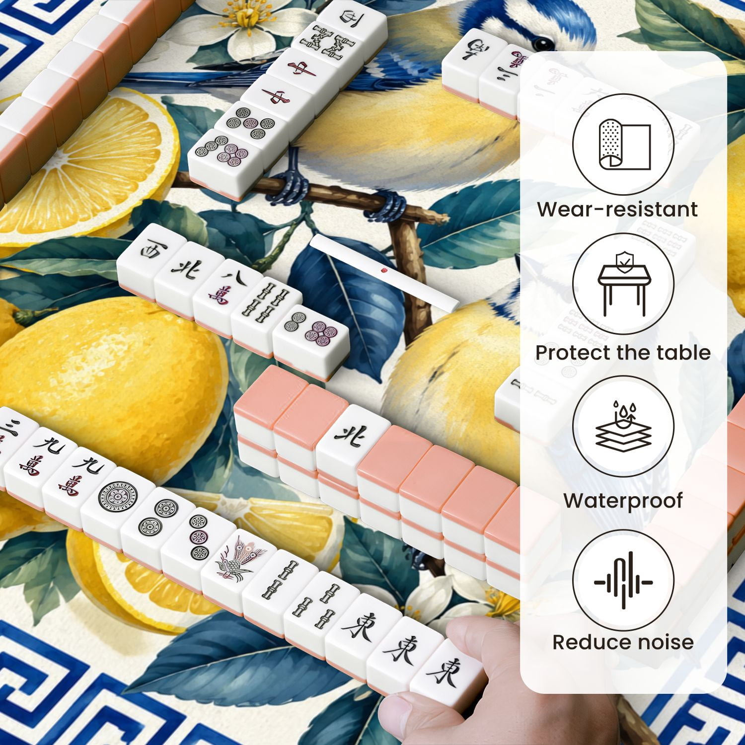 Mahjong Mat 31.5" x 31.5" Blue Tits Birds Perched Lemon Branches Blossoms Vibrant Botanical Non-Slip Noise Reduction Mahjong Tiles Table Cover for Dominoes Poker Card Board and Tile Games