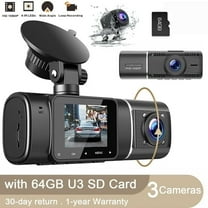 TOGUARD 3 Channel Dash Cam Front and Inside 1080P Full HD 1.5” Car Camera, Free 64GB Card with IR Night Vision Loop recording, G-sensor, Parking Monitor, Easy Install