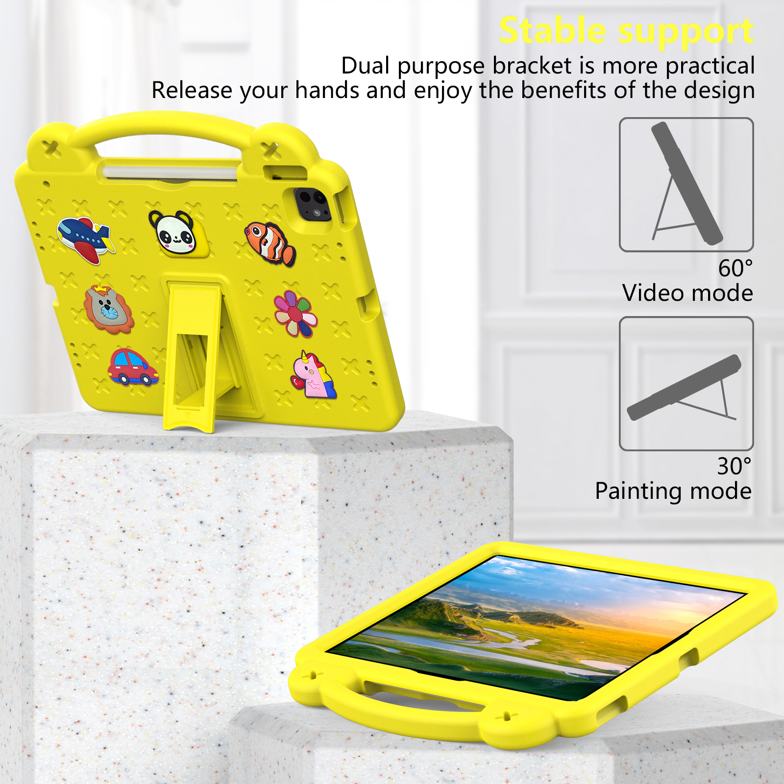Nalacover Cartoon Handle Case for Apple iPad Air 11 inch 2024 Case, EVA Foam Cute Pattern with Pencil Holder Kickstand Cute Shockproof PC Case for iPad Pro 11 inch 2024, Yellow