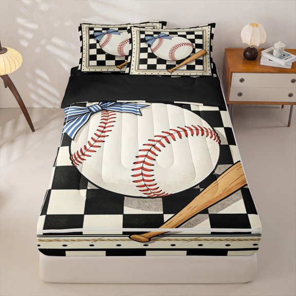 Homewish Checkered Bow Baseball Zipper Full Size Comforter Sets with Fitted Sheet and 2 Pillowcases, Cute Sport Zipper Bedding Set for Girls and Boys, Black Reversible, 4-Piece