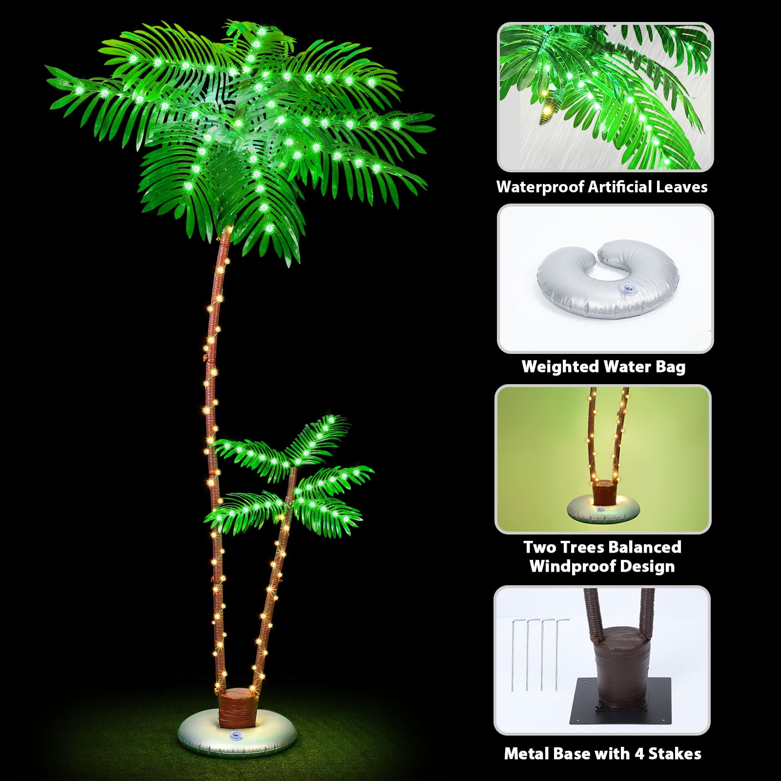Outdoor Solar 8ft Double Palm Tree LED Lights Waterproof Patio Decor with Remote, Weighted Base for Yard, Poolside, Tropical Party