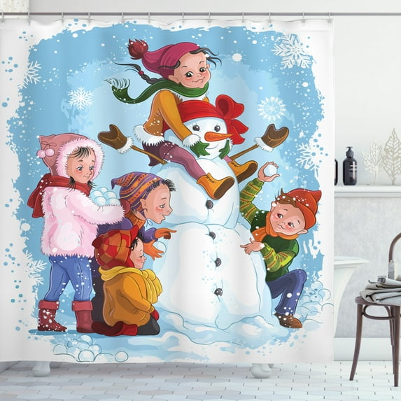 Ambesonne Snowman Shower Curtain, Playing in Snow, 69"Wx70"L, Multicolor