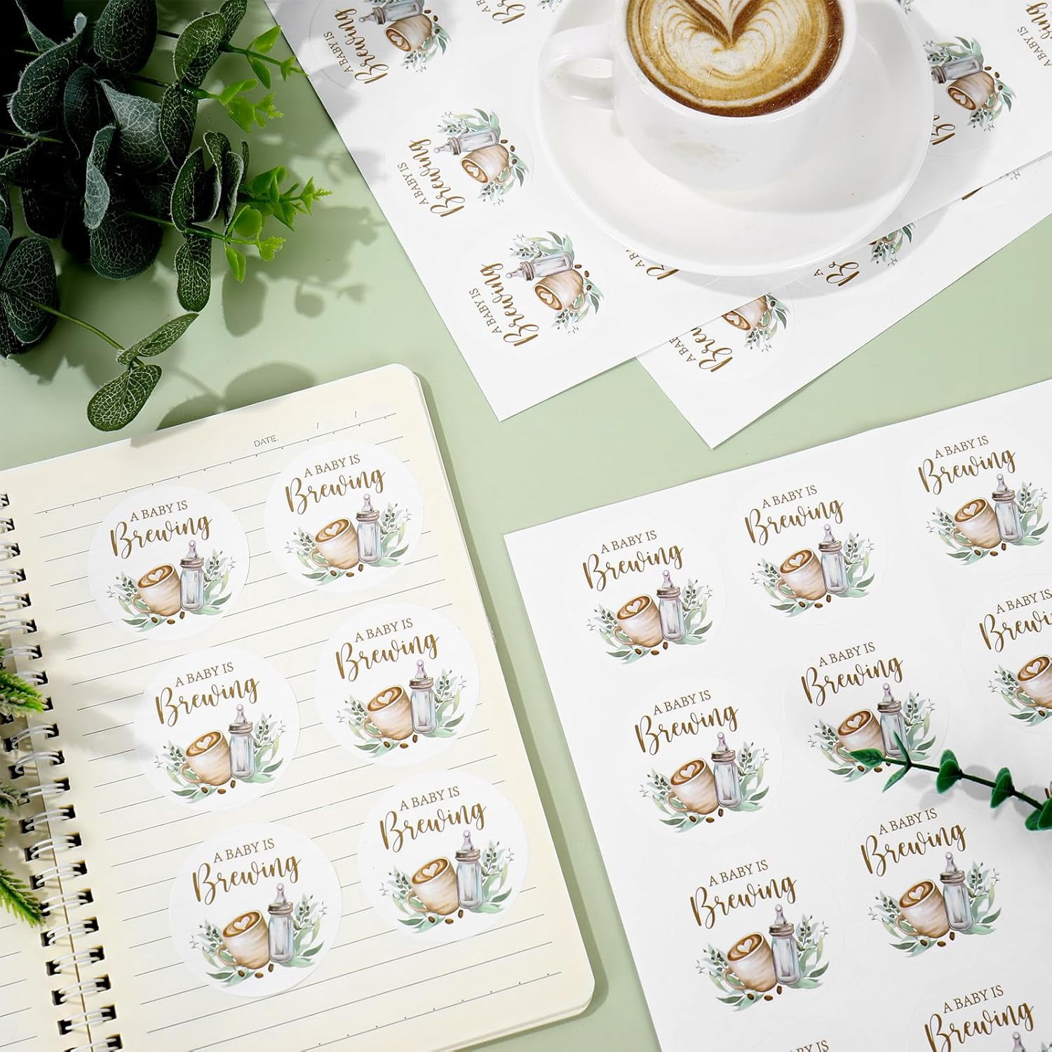 120Pcs A Baby is Brewing Baby Shower Stickers 2 Inch Coffee Theme Round Adhesive Label Decals for Coffee Bean Cookie Bag Party Favor Gifts Decor
