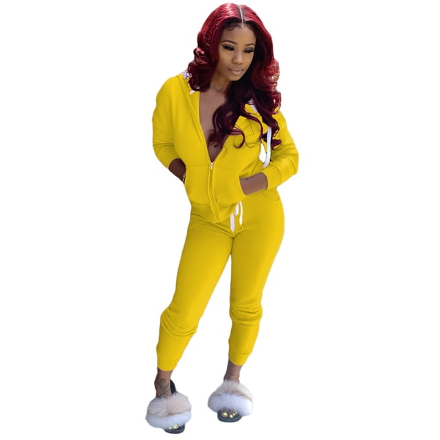 Women Solid Color Sets Zipper Hood Wear Lounge Wear Suit Sport Set Tops+Pants