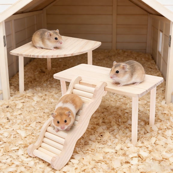 2Pcs Hamster Wooden Platform with Ladder Small Animal Climbing Platform Hamster Chew Toy Cage Accessories for Gerbils Small Pets