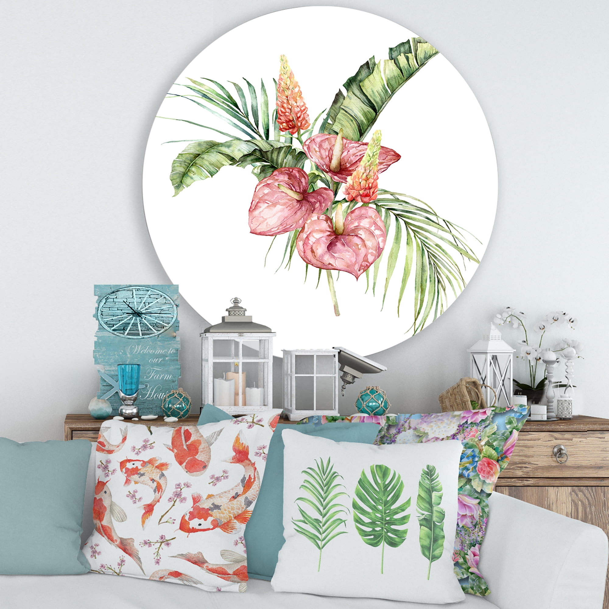 Designart 'Tropical Bouquet With Anthurium Lupine and Leaves On White II' Traditional Circle Metal Wall Art 36x36 - Disc of 36