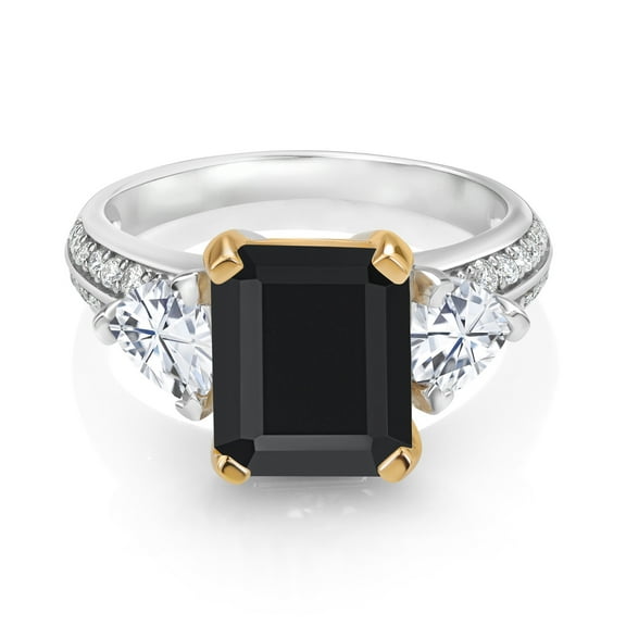 Gem Stone King 925 Sterling Silver and 10K Yellow Gold Black Onyx and White Moissanite 3 Stone Engagement Ring for Women (4.26 Cttw, Octagon Cut 10X8MM, Size 5)