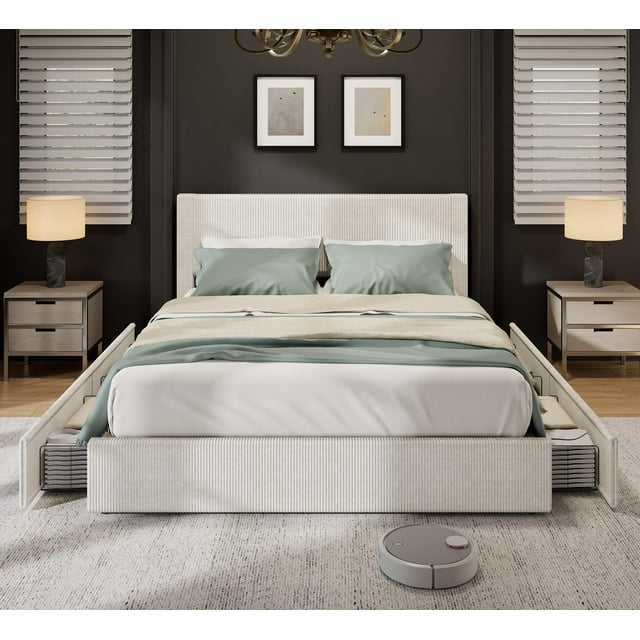 GloryStar Bed Frame with 4 Storage Drawers, Platform Bed Frame Full with Upholstered Channel Tufted Wingback Headboard, Strong Wooden Slats Support, No Box Spring Needed