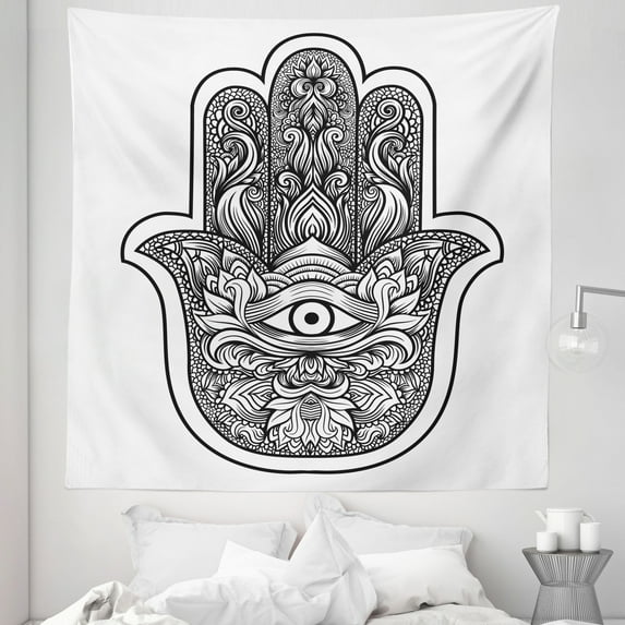 Hamsa Tapestry, Boho Style Line Art Mascot with Third Eye Ornamental Tattoo Design, Fabric Wall Hanging Decor for Bedroom Living Room Dorm, 5 Sizes, White Black, by Ambesonne