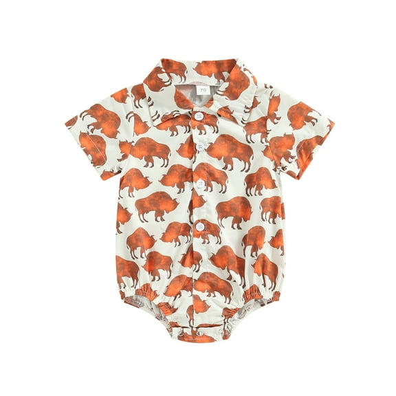 Aunavey Western Baby Boy Clothes Cow Print Shirt Romper Infant Short Sleeve Button Down Bodysuit Onesie