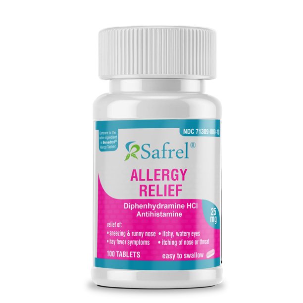 safrel allergy relief medicine 100 tablets antihistamine diphenhydramine hcl 25 mg for children and adults relieves sneezing runny nose hay