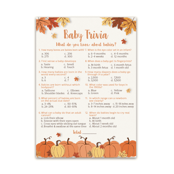 PUMPKINS Baby Shower Game, BABY TRIVIA Game — Pack of 25 — FALL Baby Shower Games, Rustic GENDER NEUTRAL Baby Shower Games, Little Pumpkin Autumn Fall Baby Halloween baby party games, SKU G330-TRV