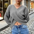 thumbnail image 2 of UJNDER Fashion Solid Crop V Neck Long Sleeve Knit Sweater Pullover for Women Grey L, 2 of 5