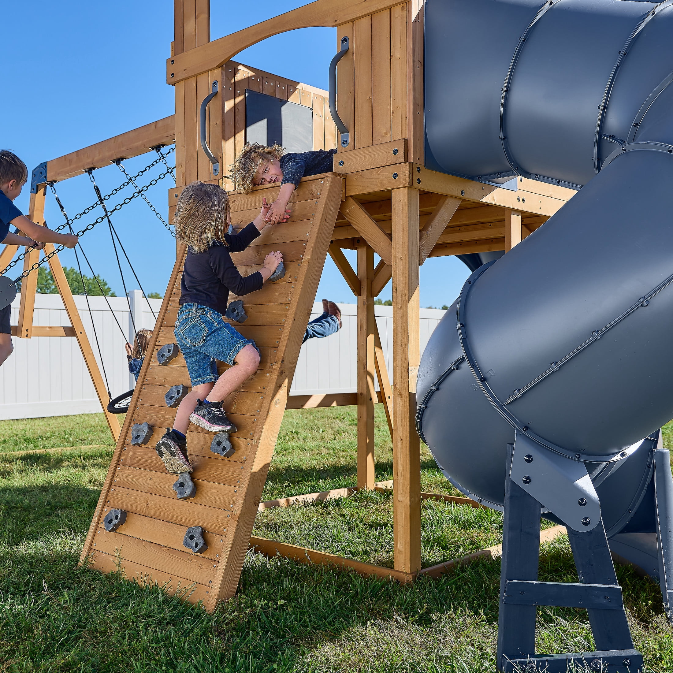 Backyard Discovery Dover Bay Spruce Swing Set, Tube Slide, Clubhouse, Rock Wall