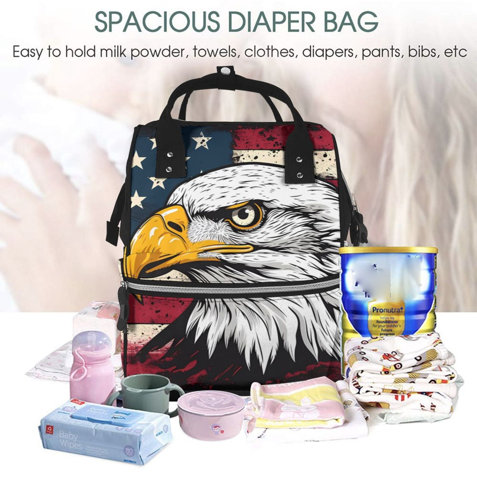 Ratiio American Bald Eagle Mummy Backpack - Waterproof Twill Canvas, Large Capacity Diaper Bag with Multiple Pockets and Adjustable Straps