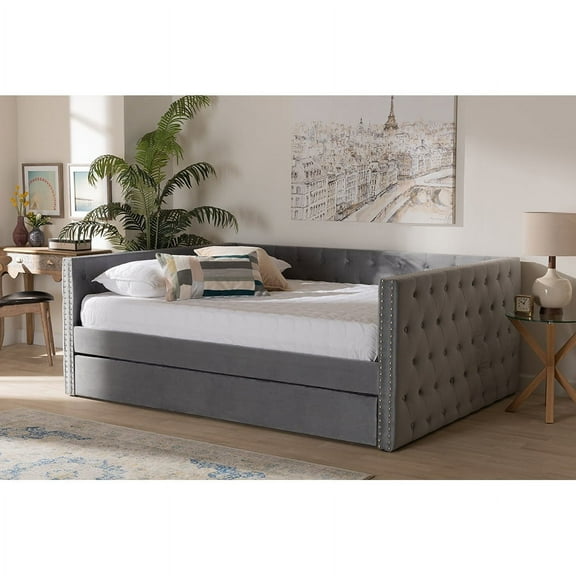 Baxton Studio Larkin Modern and Contemporary Grey Velvet Fabric Upholstered Full Size Daybed with Trundle