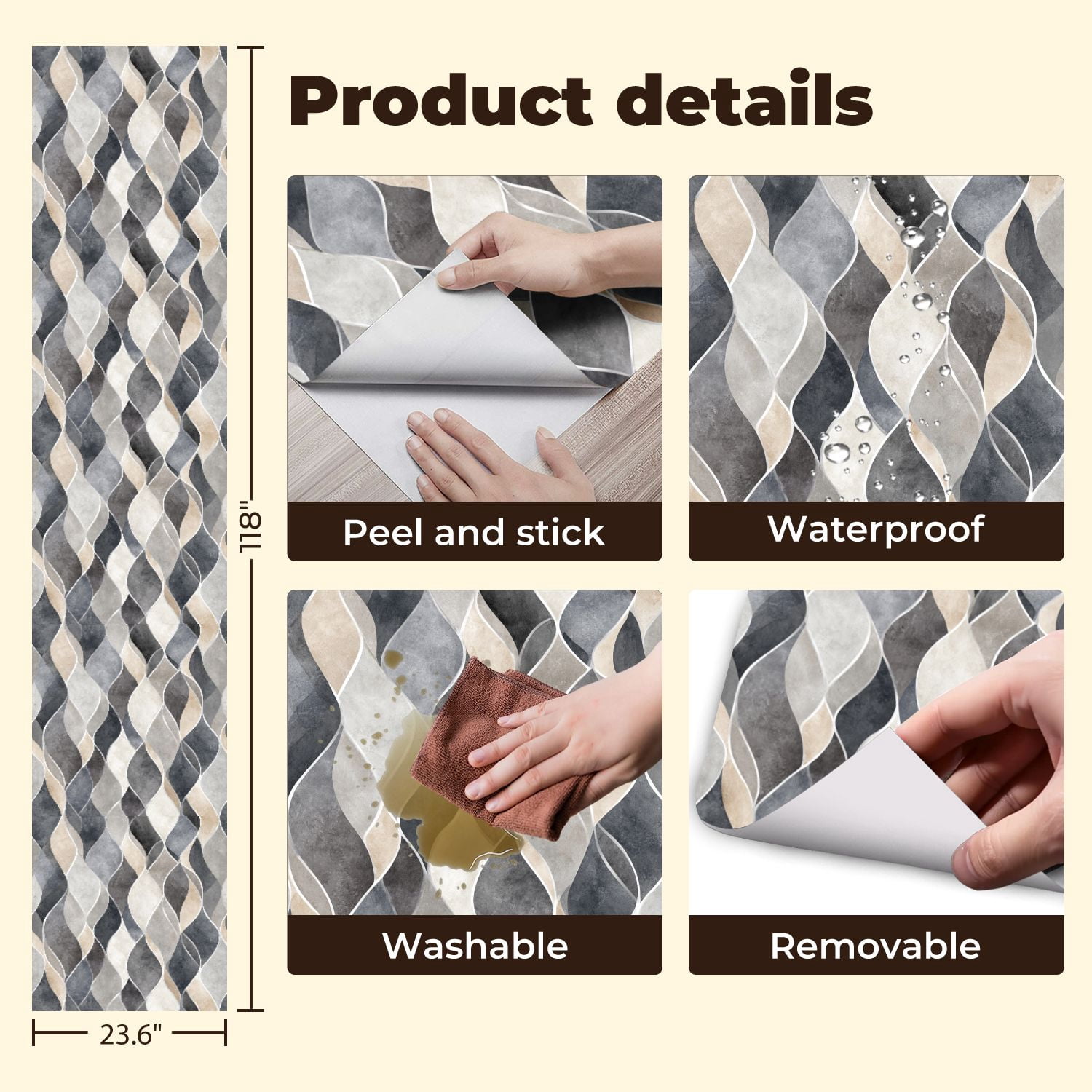 Peel and Stick Wallpaper Abstract Balanced Geometric Composition Smooth Curves Wall Mural 23.6in x 9.8ft Self Adhesive Removable Wall Paper Renter Friendly Wallpaper for Nursery Bedroom Cabinets