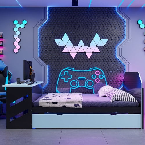MINESTIA  Full Size Gaming Bed with Desk & USB, Wooden Platform Bed with Trundle, Daybed for Bedroom, Apartments