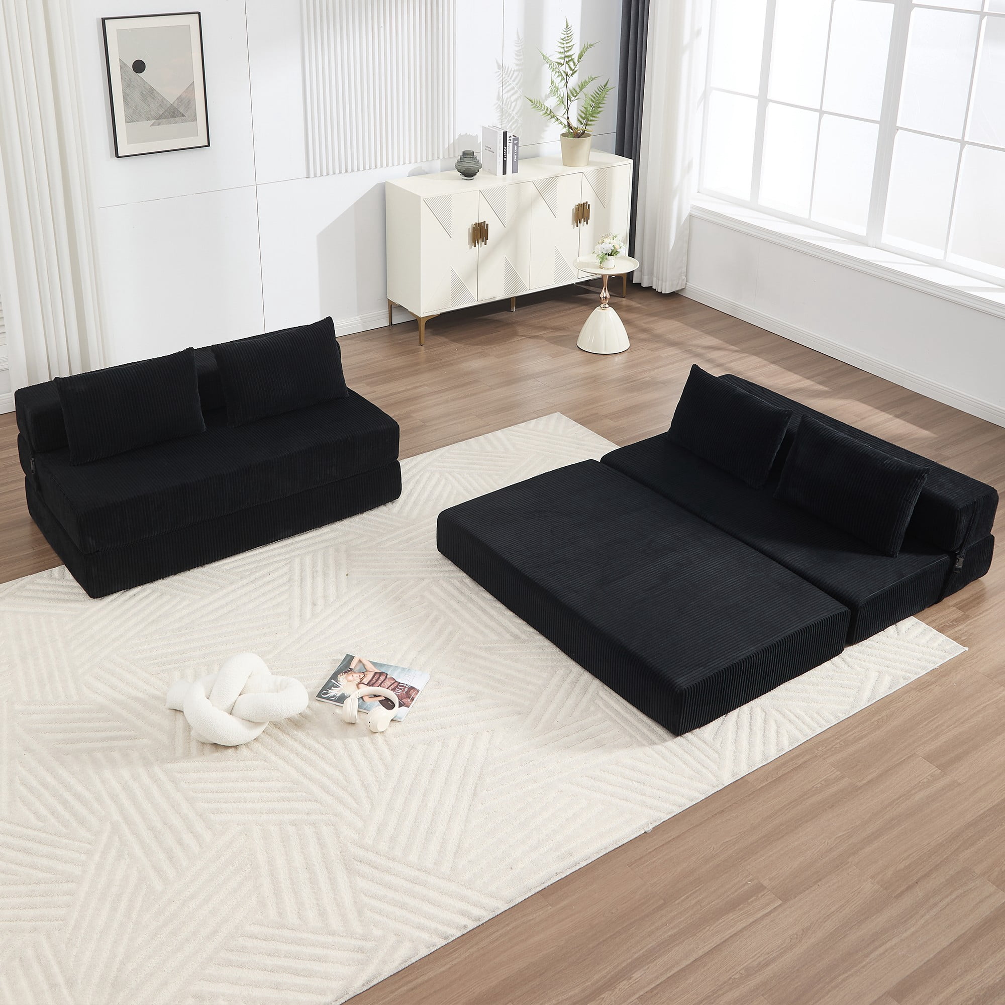 Aukfa Full Size Folding Sofa Bed, Loveseat Sleeper, Corduroy Convertible Floor Couch Mattress for Living Room, Dorm, Guest Room, Black