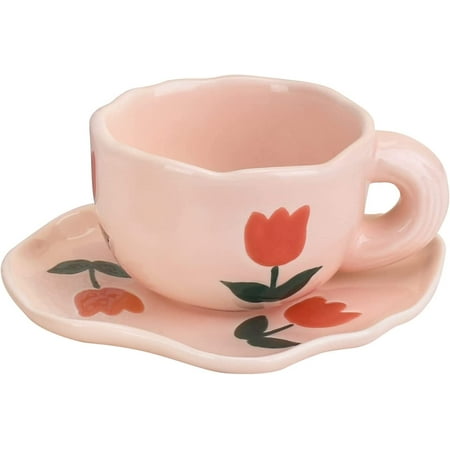 

JLMMEN STORE Ceramic Coffee Mug with Saucer Set Cute Creative Cup Unique Irregular Saucer Design for Office and Home Dishwasher and Microwave Safe 6 oz/180 ml for Latte Tea Milk (Pink Tulips)