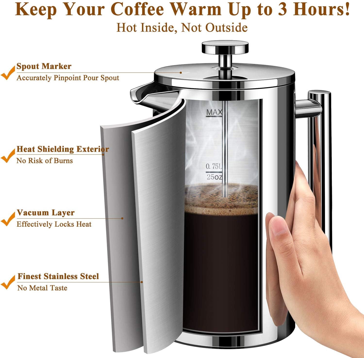 French Press Coffee Maker, Stainless 