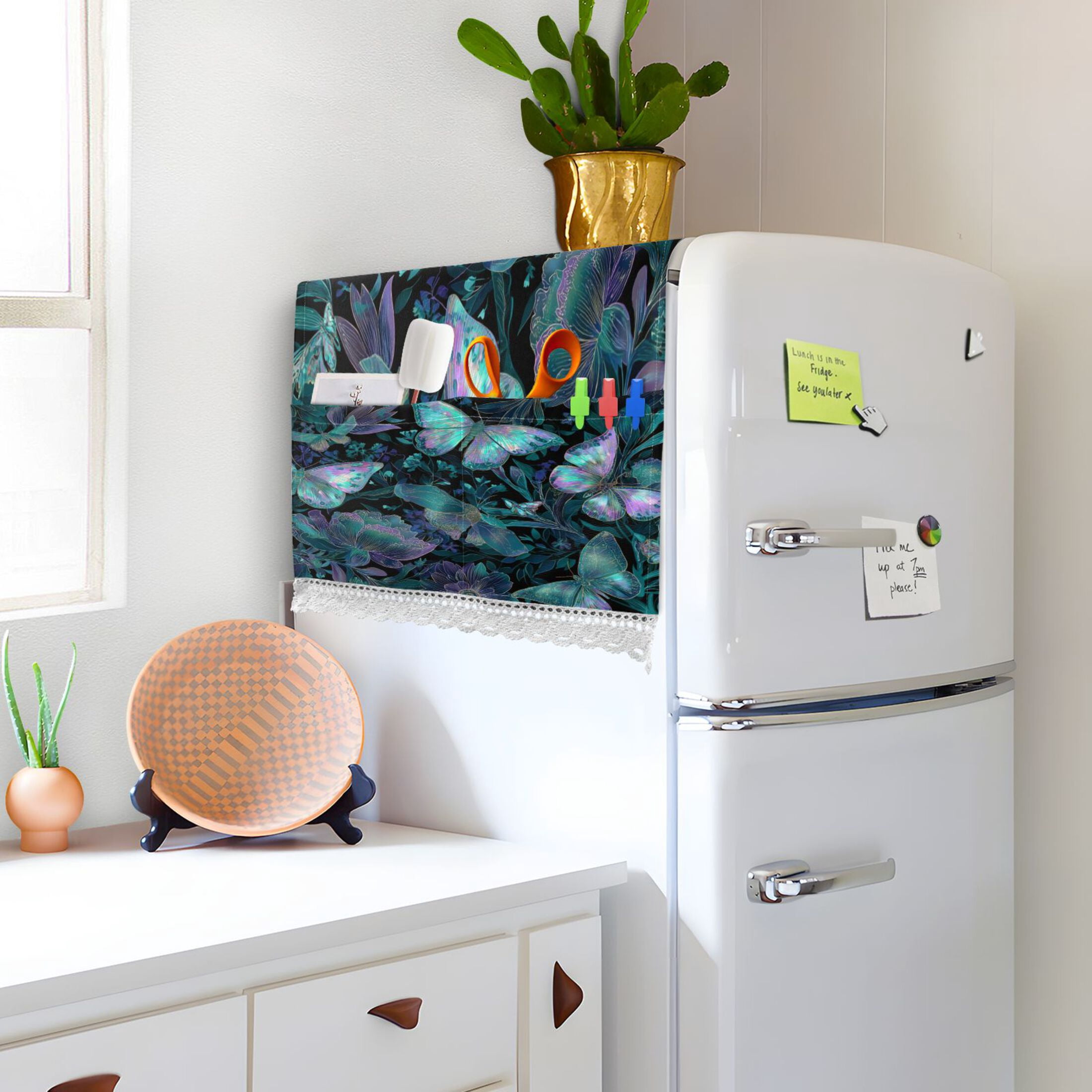 Washing Machine Cover 51.2x22in, Durable Polyester Dust Cover with Lace Trim and Side Pocket for Appliances Fluorescent Blue Butterfly