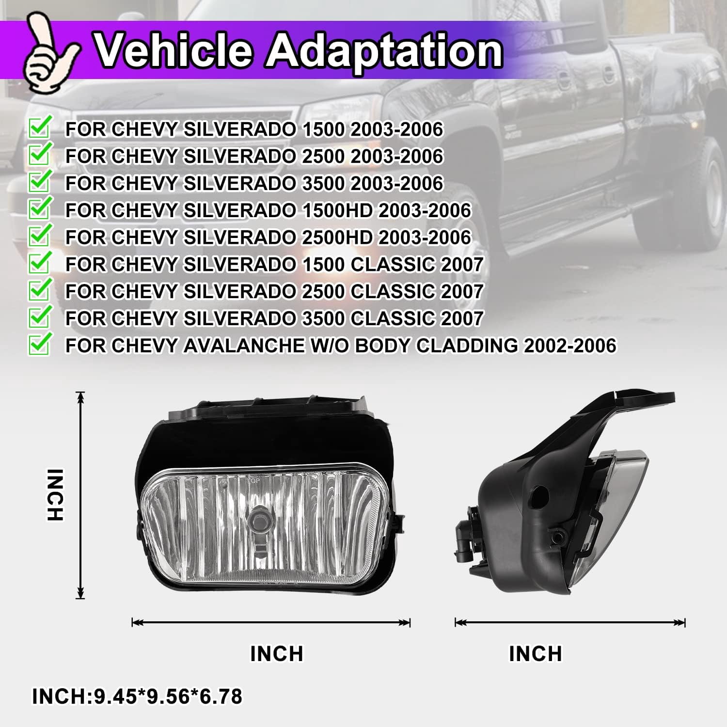 Fog Lights Assembly for 2003-2006 Chevy Silverado 1500/2500/3500/1500HD/2500HD,2002-2006 Chevy Avalanche w/o Body Cladding(Clear Lens/Passenger Right Side)