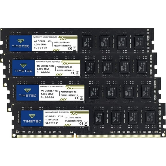 Timetec 16GB Kit (4x4GB) DDR3 1333MHz PC3-10600 Desktop RAM Memory, 240-Pin UDIMM, Non-ECC Unbuffered, 1.5V/1.35V CL9, Dual Rank 2Rx8