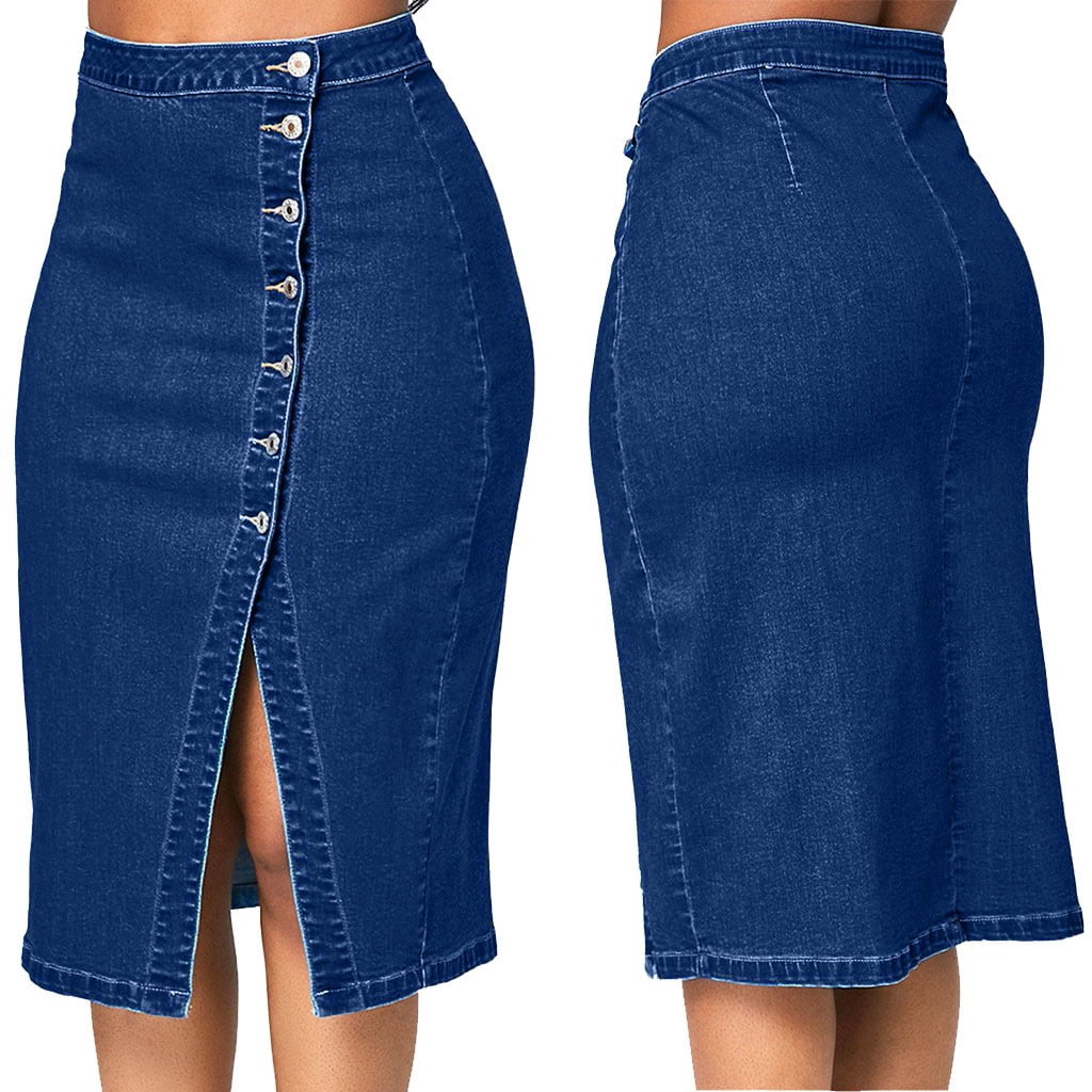 Dptalr Women Denim Pencil Skirt High Waisted Blow Knee Blue Jeans Skirts Blue