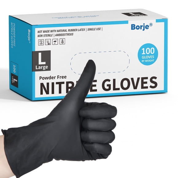 Guantes de nitrilo Borje talla grande, 100 unidades, negros, sin polvo