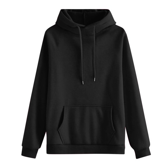 Women's Casual Round Neck Long Sleeve Solid Color Hooded Sweatshirt Comfort Pullover for Women Loose Fit Streetwear with Hood,Black,2XL