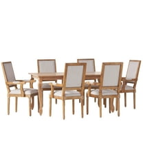 GDF Studio Regan French Country Fabric Upholstered Wood Expandable 7 Piece Dining Set, Natural Brown and Light Gray