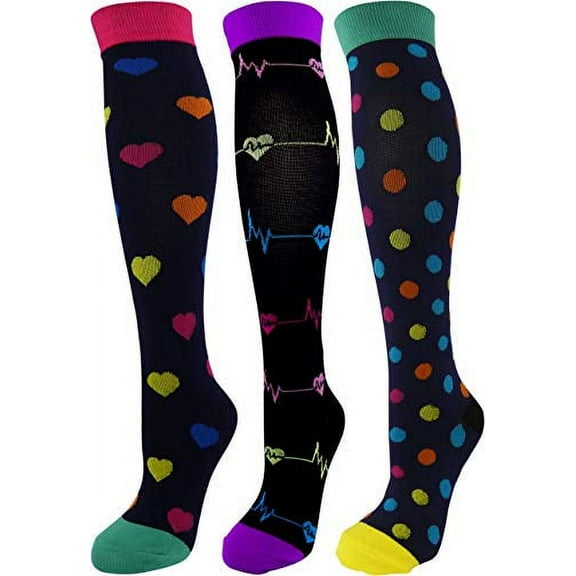 3 Pair Colorful Moderate Graduated Compression Socks 15-20 mmHg. Nurses, Running, Travel, Knee-High, Mens and Womens Style Multi-Color. Large/X-Large