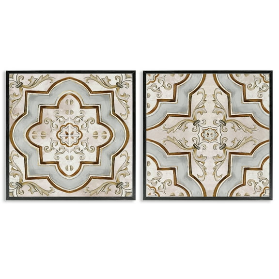 Stupell Industries Moroccan Tile in Neutrals Abstract Painting Black Framed Art Print Wall Art, 12 x 12, Set of 2